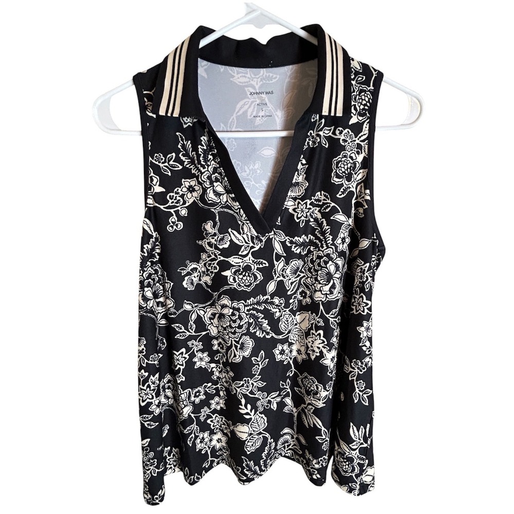 Johnny Was Active Sleeveless Polo Top Women S Black White Floral Stripe V-Neck